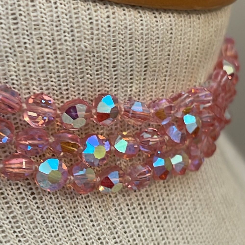 Vintage Three Strand Pink AB Crystal Necklace - Choker - Picture 16 of 16